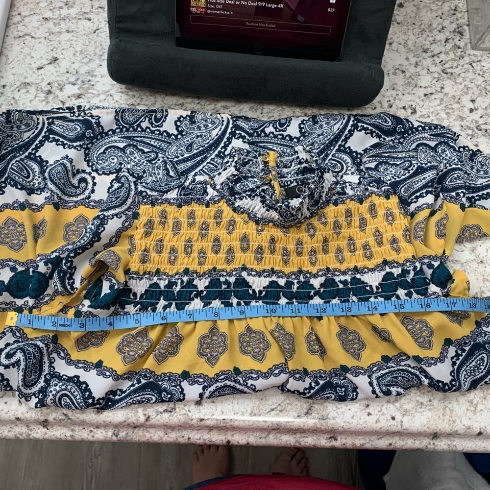 Charmed by Eve Blouse‎ Smocked High Neck Flutter Sleeve Blue Yellow Print Size M - Picture 7 of 10